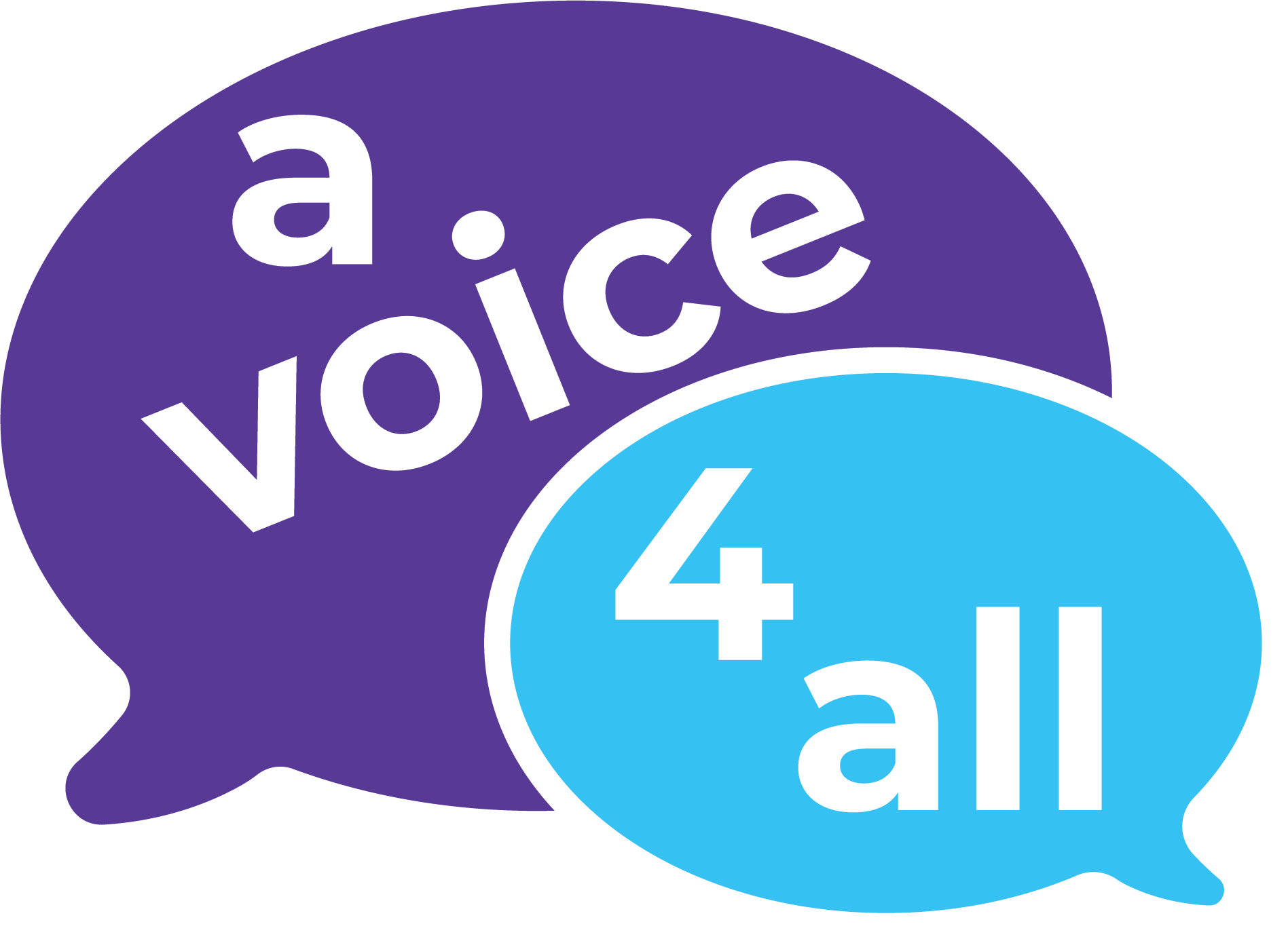 A Voice 4 All logo, showing A Voice in a purple speech bubble and 4 all in a light blue speech blue