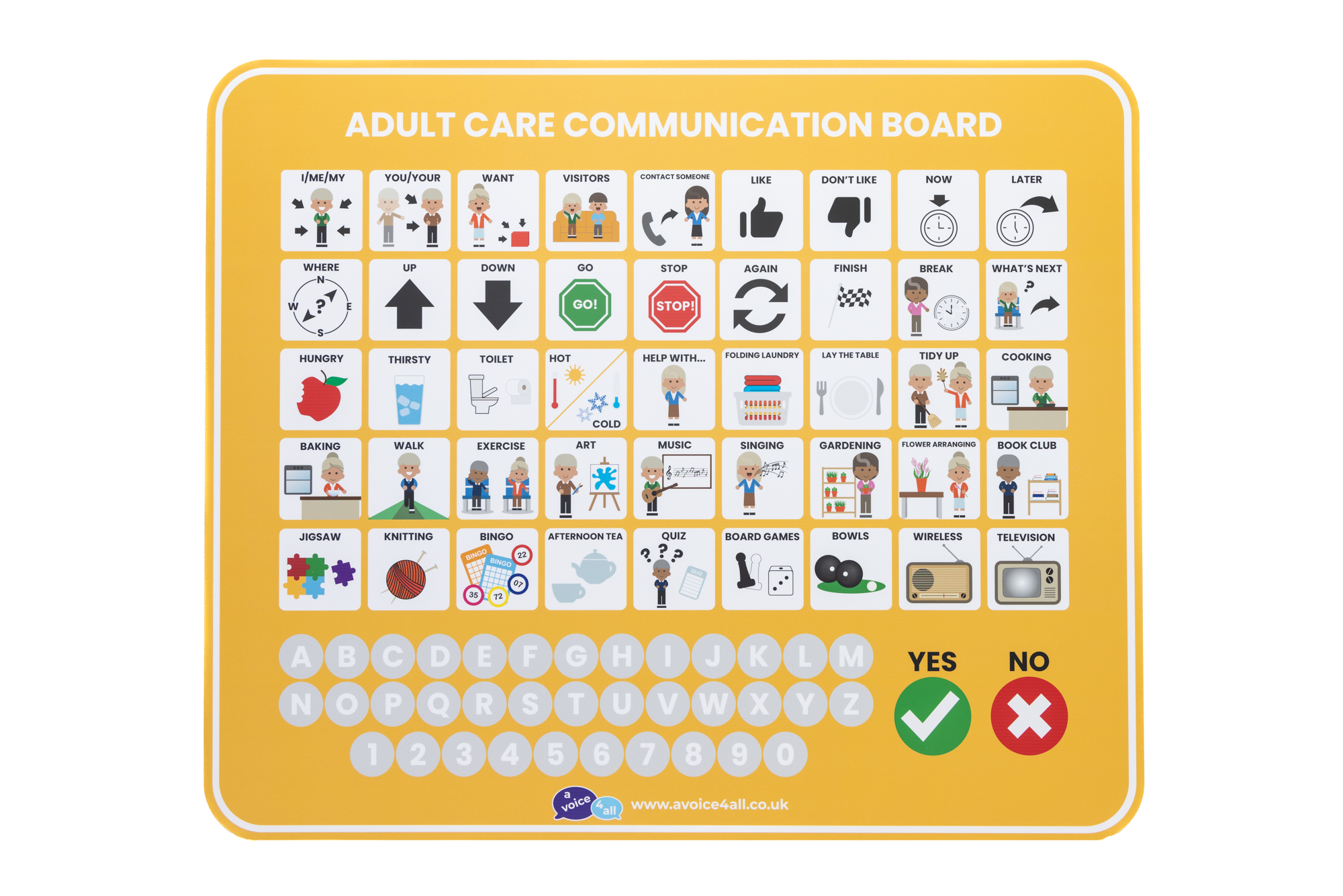 A Voice 4 All Adult Care Communication Board in orange/yellow the image shows the Communication Board in from view with all the  communication icons visible.