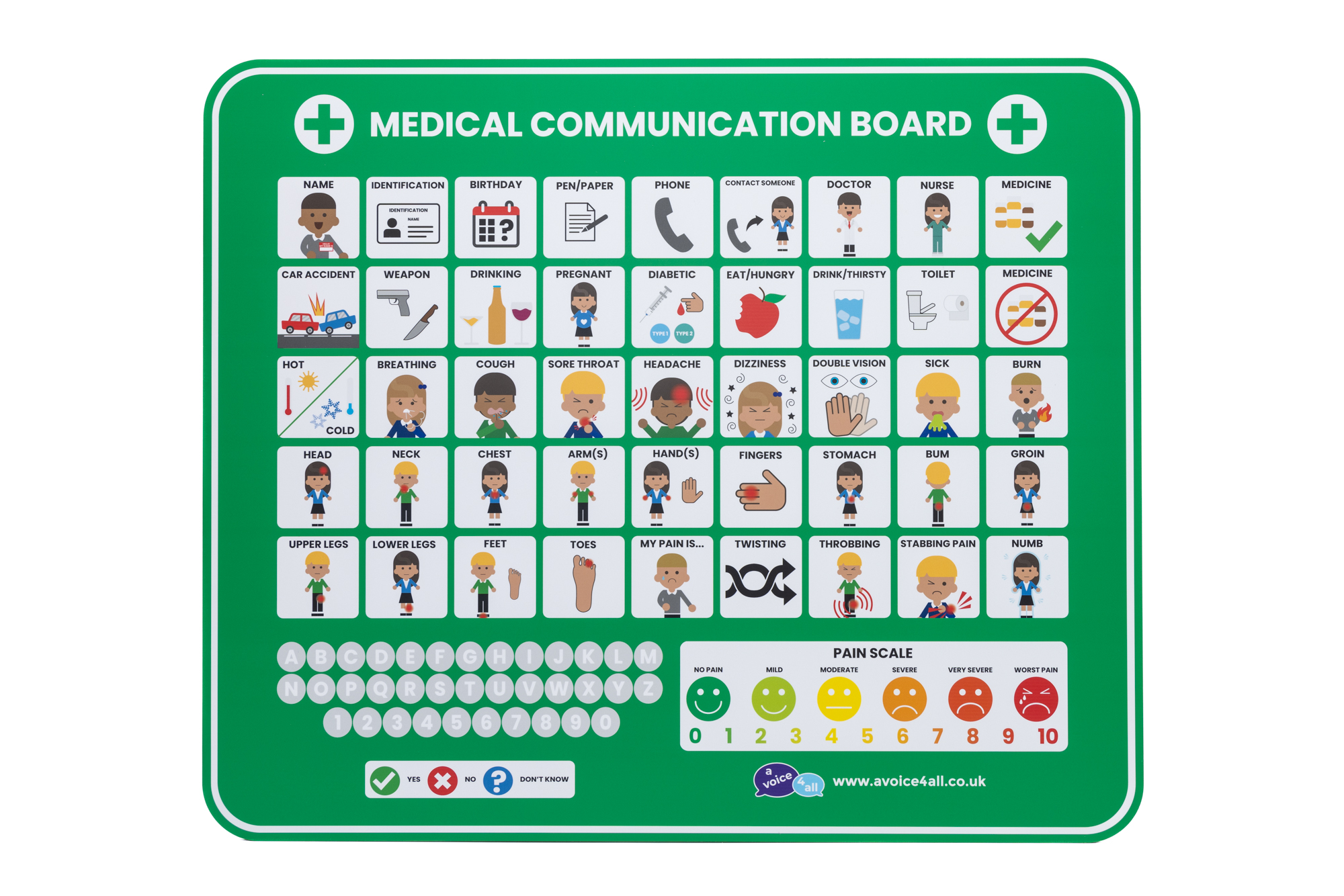 A Voice 4 All Medical  Communication Board in green the image shows the Communication Board in from view with all the  communication icons visible.