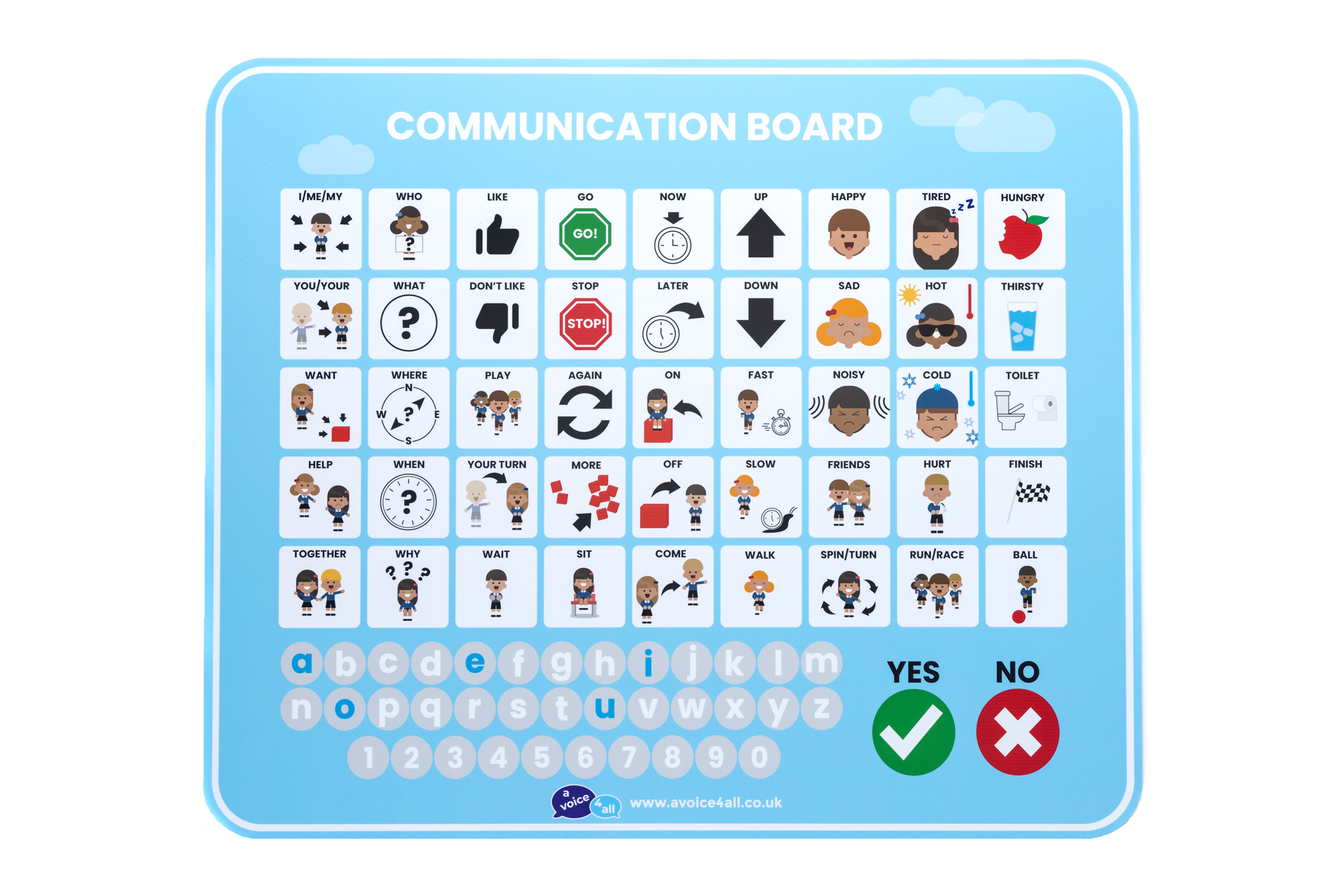 A Voice 4 All Primary School Communication Board in Light blue the image shows the Communication Board in from view with all the  communication icons visible.