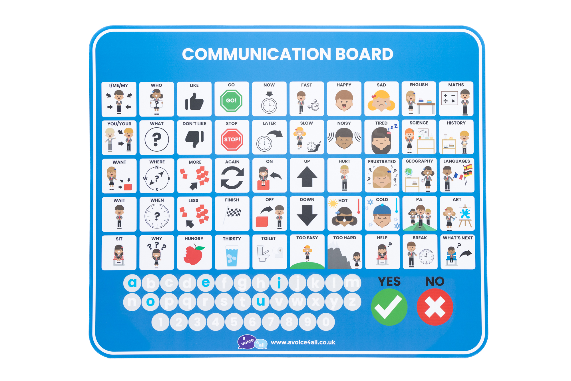 A Voice for All Secondary School Communication Board in blue the image shows the Communication Board in from view with all the  communication icons visible.