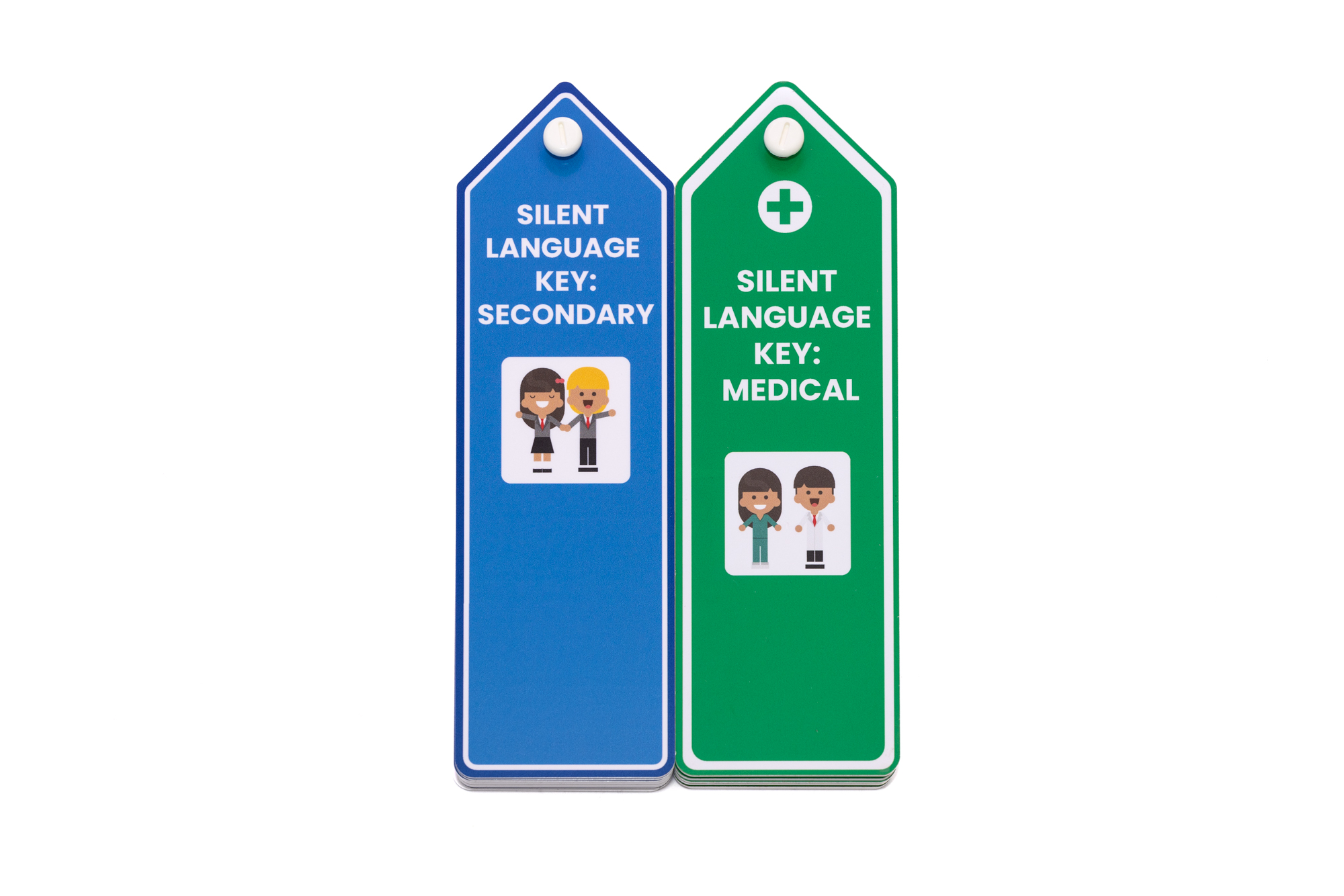 A Voice 4 All package of two Silent Language key sets. For the Secondary School (blue) and Medical (green) Silent Language Keys. The image show the Silent Language Key in its compact stack, showing front cover and main cover communication icon visible.