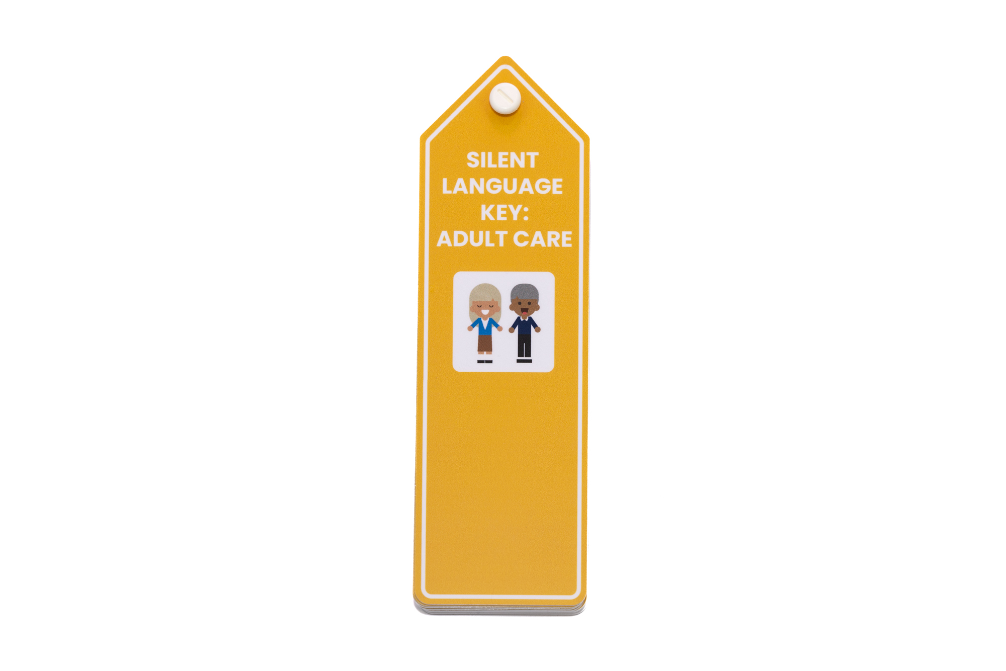 A Voice 4 All Adult Care Silent Language key in orange/yellow, the image show the Silent Language Key in its compact stack, showing front cover and main cover communication icon visible.