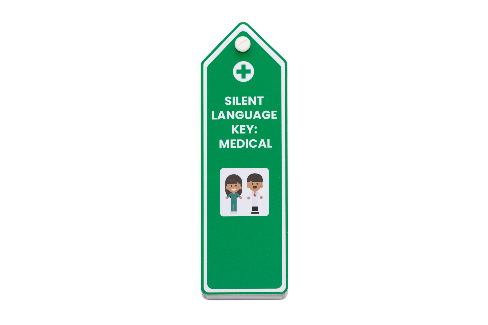 A Voice 4 All Medical Silent Language key in green, the image show the Silent Language Key in its compact stack, showing front cover and main cover communication icon visible.