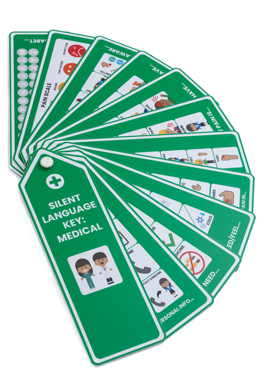 A Voice 4 All Medical Silent Language key in green the image show the Silent Language Key spread out in a fan with the front cover and individual fans with communication icons visible.