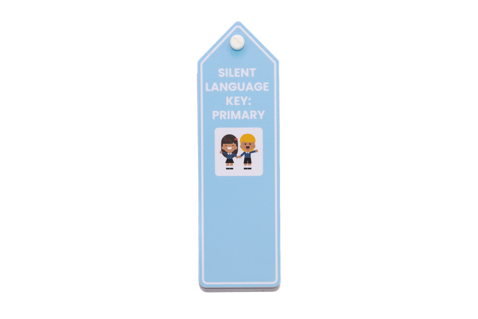 A Voice for All Primary School Silent Language key in pastel blue, the image show the Silent Language Key in its compact stack, showing front cover and main cover communication icon visible.