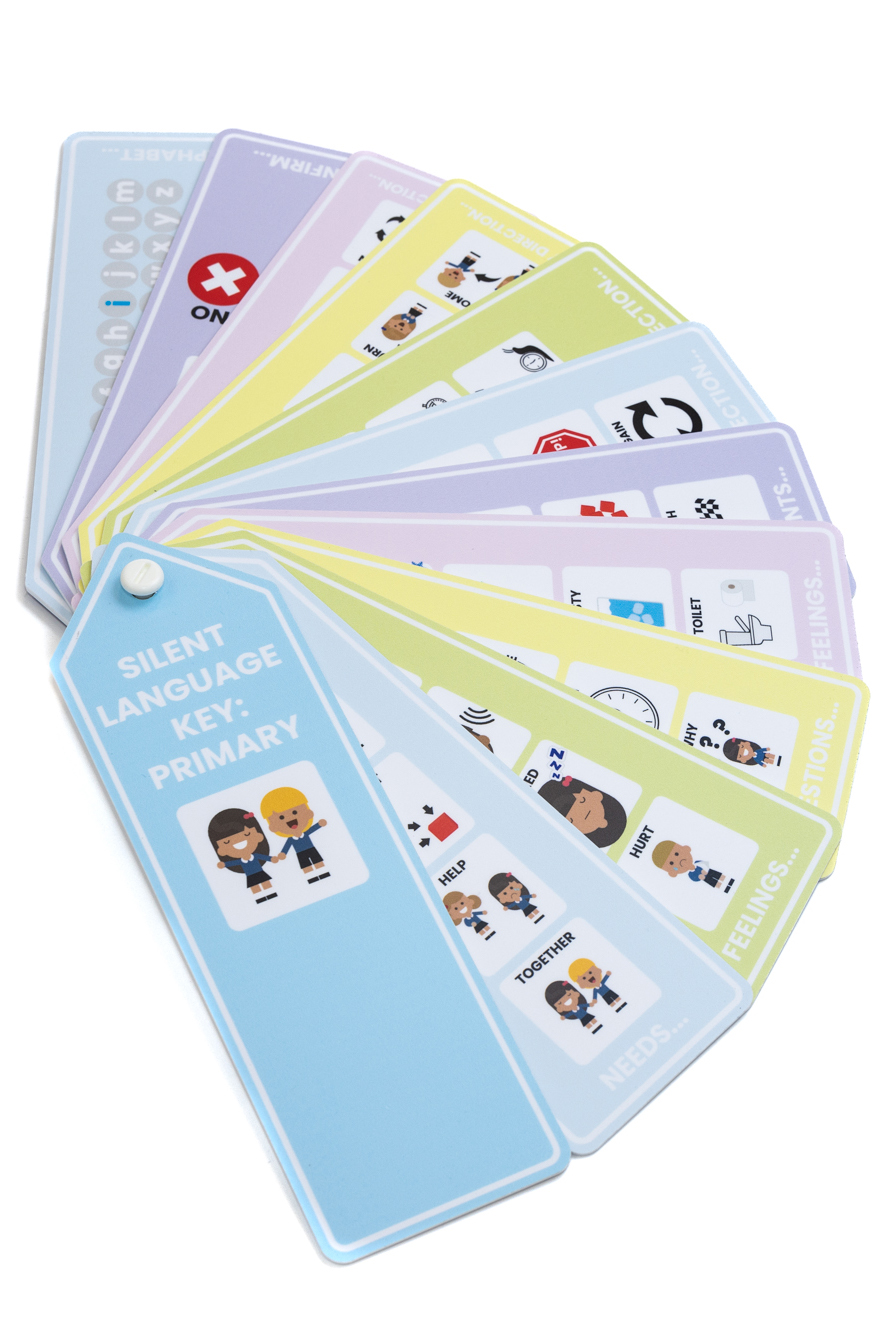 A Voice for All Primary School Silent Language key in multicolour pastel tones, the image show the Silent Language Key spread out in a fan with the front cover and individual fans with communication icons visible.