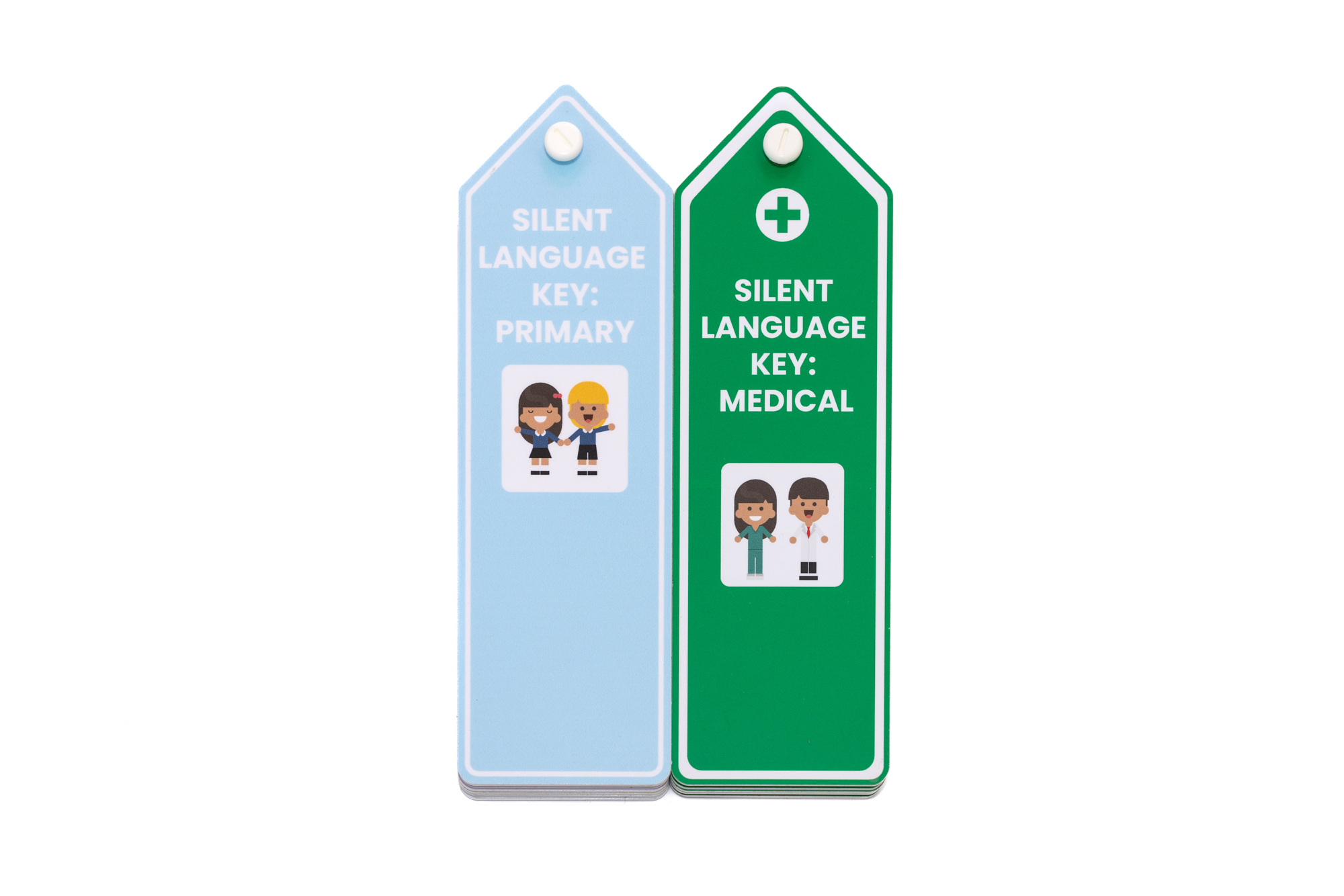 A Voice 4 All package of two Silent Language key sets. For the Primary School (light blue) and Medical (green) Silent Language Keys. The image show the Silent Language Key in its compact stack, showing front cover and main cover communication icon visible.