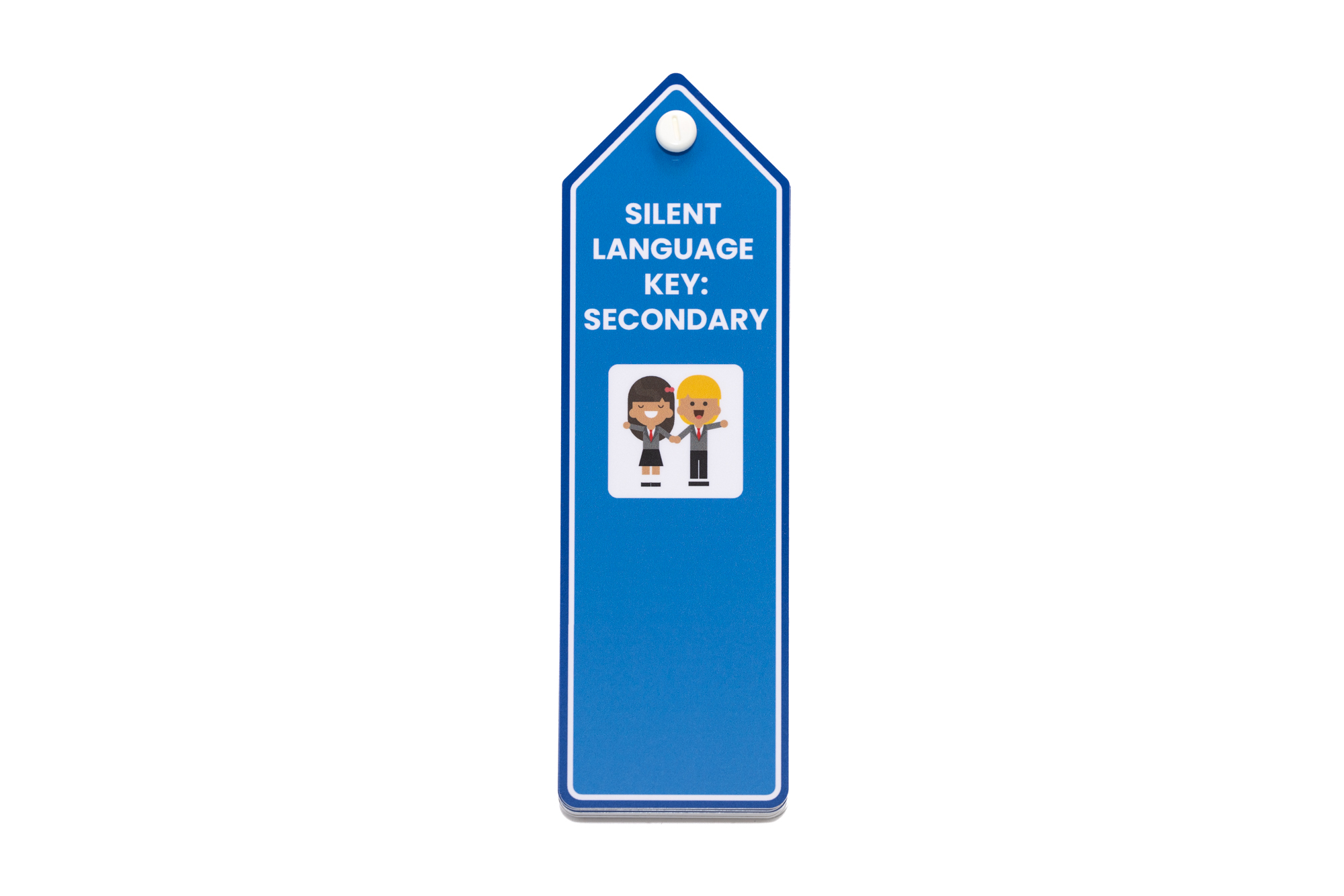 A Voice for All Secondary School Silent Language key in blue, the image show the Silent Language Key in its compact stack, showing front cover and main cover communication icon visible.