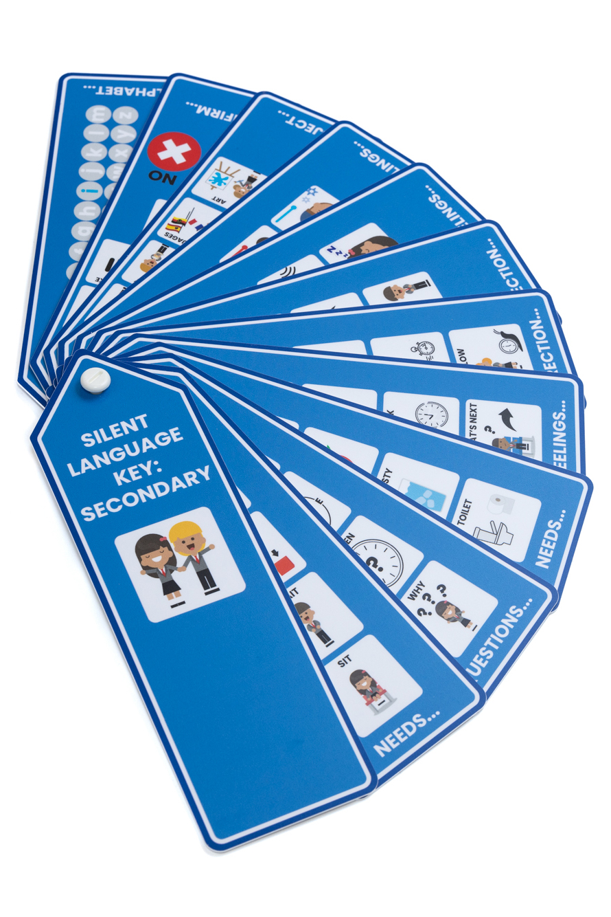 A Voice 4 All Secondary School Silent Language key in medium blue the image show the Silent Language Key spread out in a fan with the front cover and individual fans with communication icons visible.