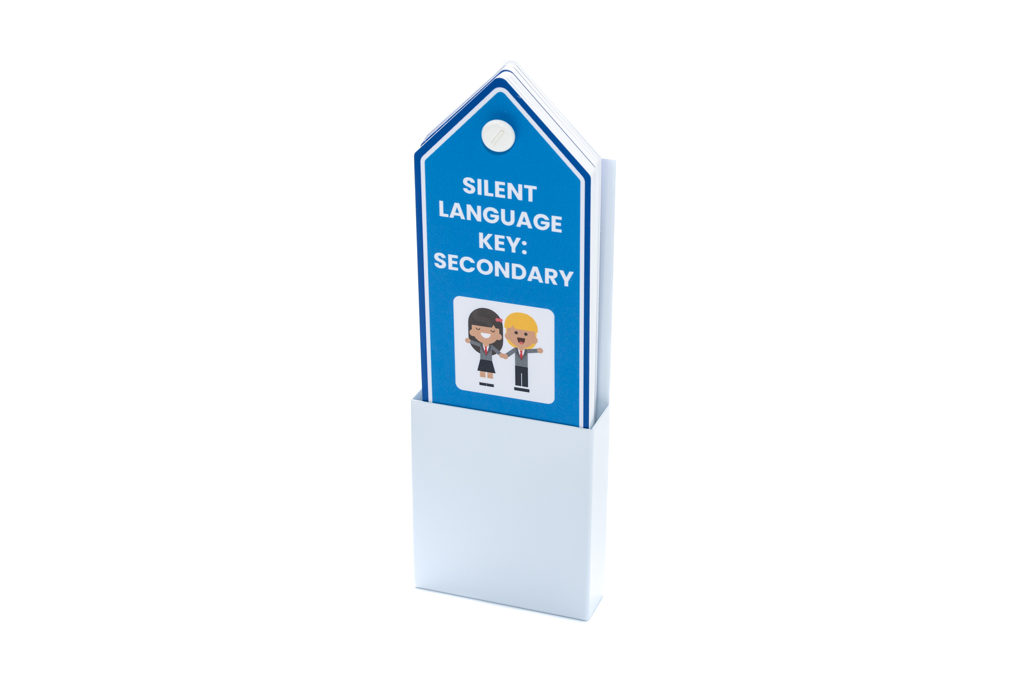 A Voice 4 All Secondary School Silent Language key in blue, the image show the Silent Language Key in its compact stack. It is placed inside the custom A Voice 4 All white plastic wall holder, with the silent key name and communication icon cover visible.