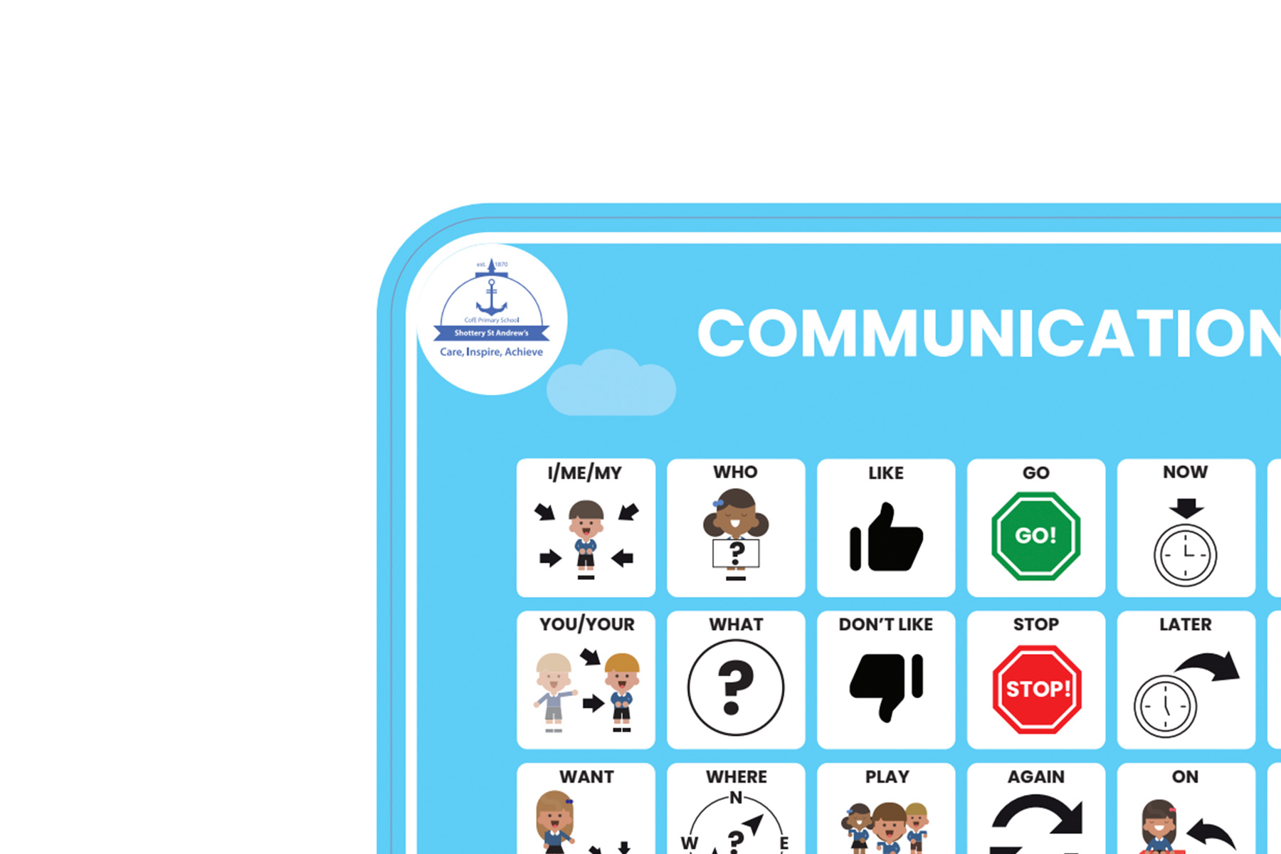 A Voice 4 All - Accessory add-on option, the image shows a corner of a communication board with a logo added in a white circle to the top left hand corner